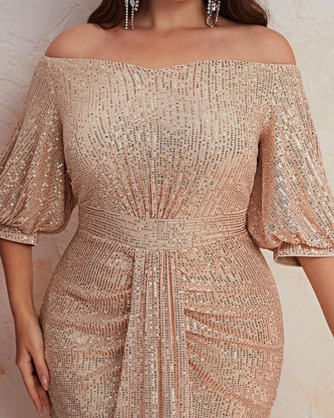 Women's Plus Size Off Shoulder Puff Sleeve Sequin Formal Maxi Dress Evening Party Gowns – Bild 6