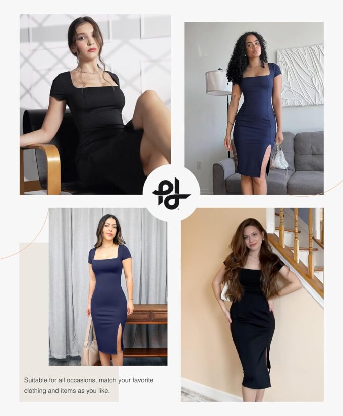Popilush Summer Cocktail Midi Dresses for Women Shapewear Bodycon Short Sleeve Square Neck Dress – Bild 2