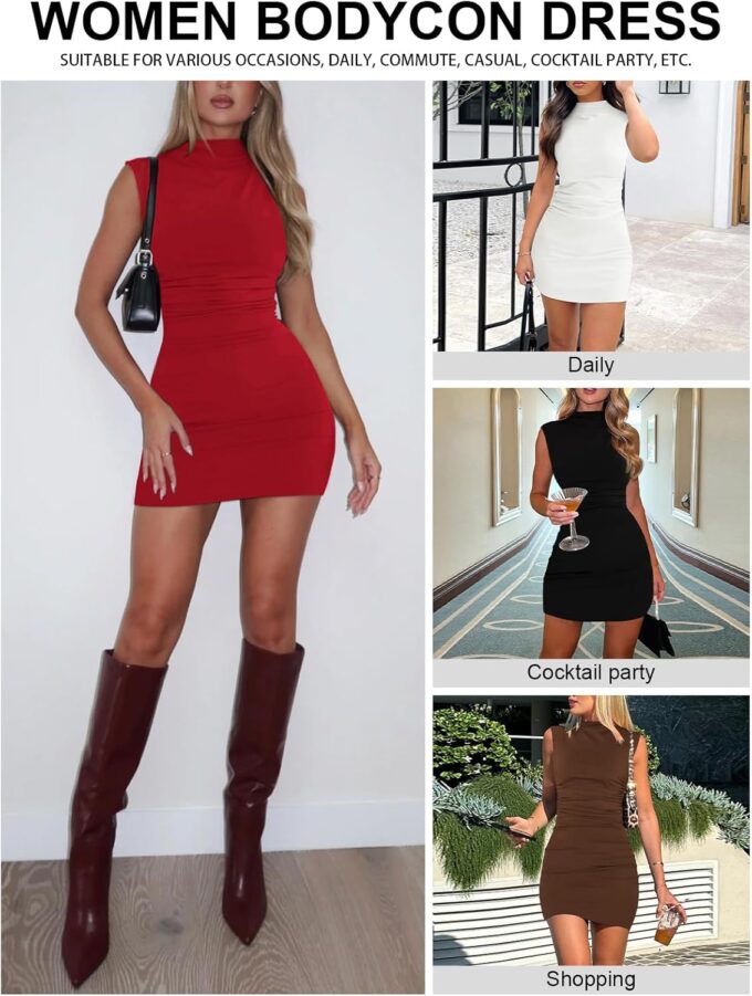 Women's Sexy Summer Casual Mock Neck Sleeveless Bodycon Dresses Ruched Turtleneck Cocktail Party Mini Dress – Bild 4