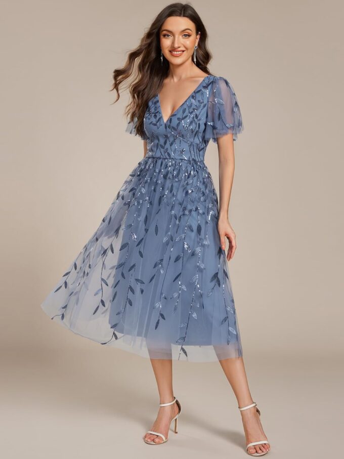 Ever-Pretty Damenkleid, Abendkleid, mittellang, Pailletten, V-Ausschnitt, kurze Ärmel, Cocktailkleid, Hochzeit EG02230 – Bild 5