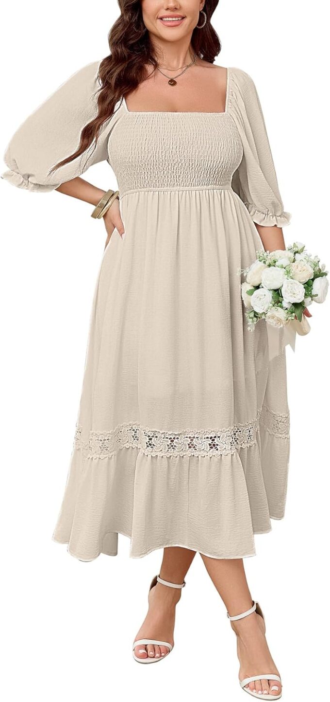 SCOMCHIC Women's Plus Size Maxi Dress Short Sleeve Square Neck Smocked Flowy A-Line Lace Trim Boho Wedding Guest Dresses