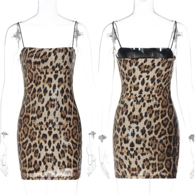 RARITYUS Women's Glitter Sequin Leopard Print Mini Dress Sexy Sleeveless Spaghetti Strap Bodycon Short Dress Party Club Dress – Bild 5