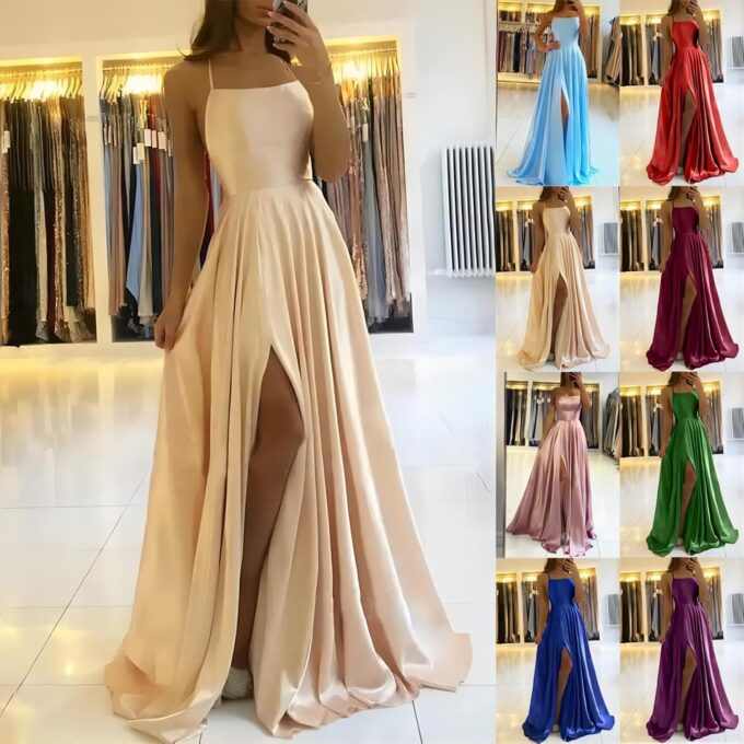 xxxiticat Damen Elegant Lange Ballkleider Satin A-Linie Hochzeitskleid Abendkleider Sexy Neckholder Spaghetti Brautkleid Kleider Lang Prinzessin Brautjungfer Kleid – Bild 4