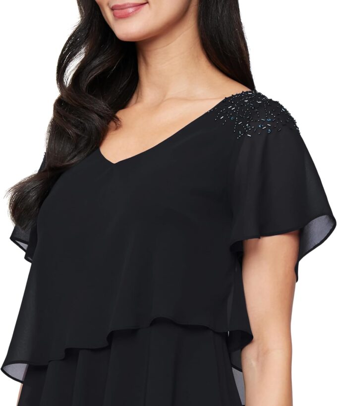 S.L. Fashions Women's V-Neck Chiffon Cocktail Dress with Beaded Shoulders and Asymmetrical Tiers (Petite and Regular Sizes) – Bild 3