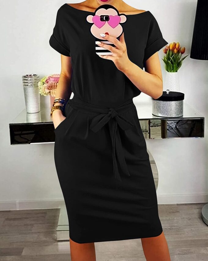 PRETTYGARDEN Women's Summer Short Sleeve Crewneck Striped Dress Basic Solid Tie Waist Office T Shirt Dresses Pockets – Bild 3
