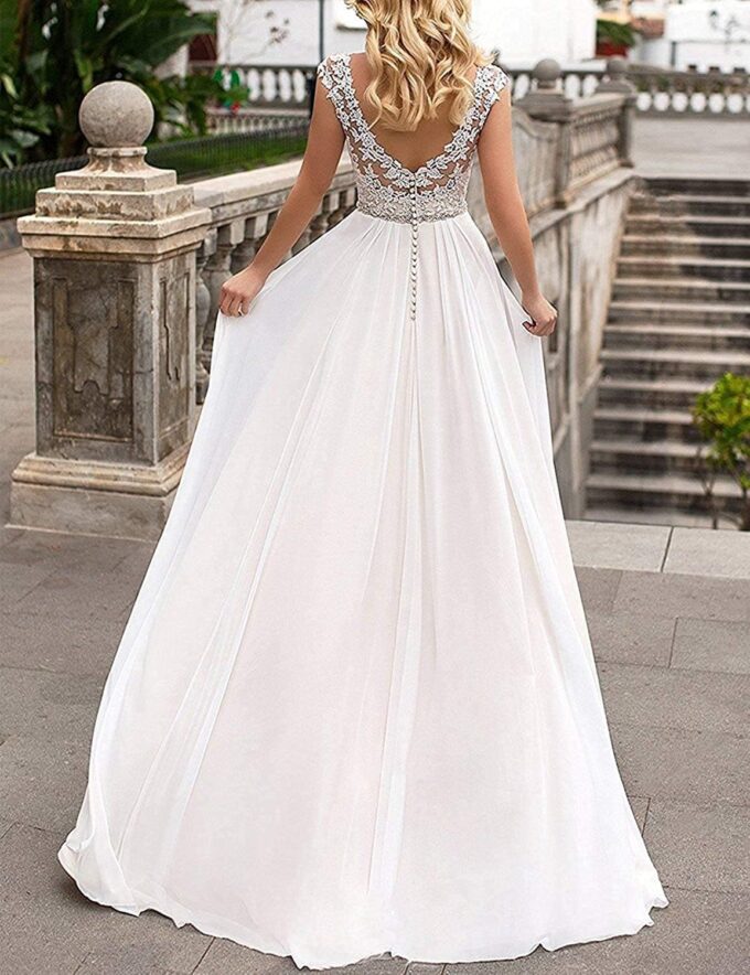 HUINI Damen Brautkleid Lang Chiffon Boho Standesamt Hochzeitskleid Spitzen Strand Brautmode – Bild 2