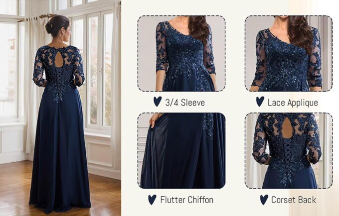 Sincemeet Kleider für die Mutter der Braut Chiffon-Ballkleider mit 3/4-Ärmeln Langes formelles Abendkleid – Bild 3