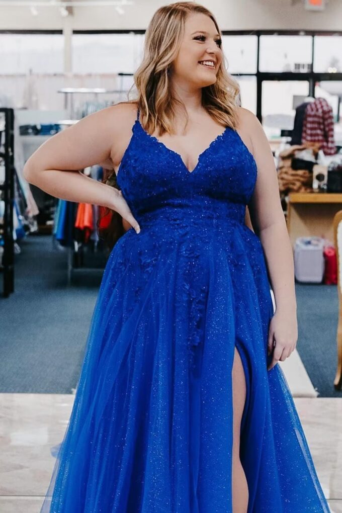 Frauen Spitze Applikation Abschlussball Kleider Langer Tüll Brautjungfernkleid A Linie V-Ausschnitt Formale Partyballkleider mit Schlitz – Bild 5