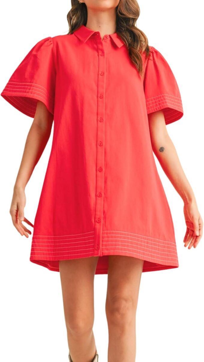 Womens Short Sleeve Button Down Mini Shirt Dress Lapel Collar Short Dresses with Pocket