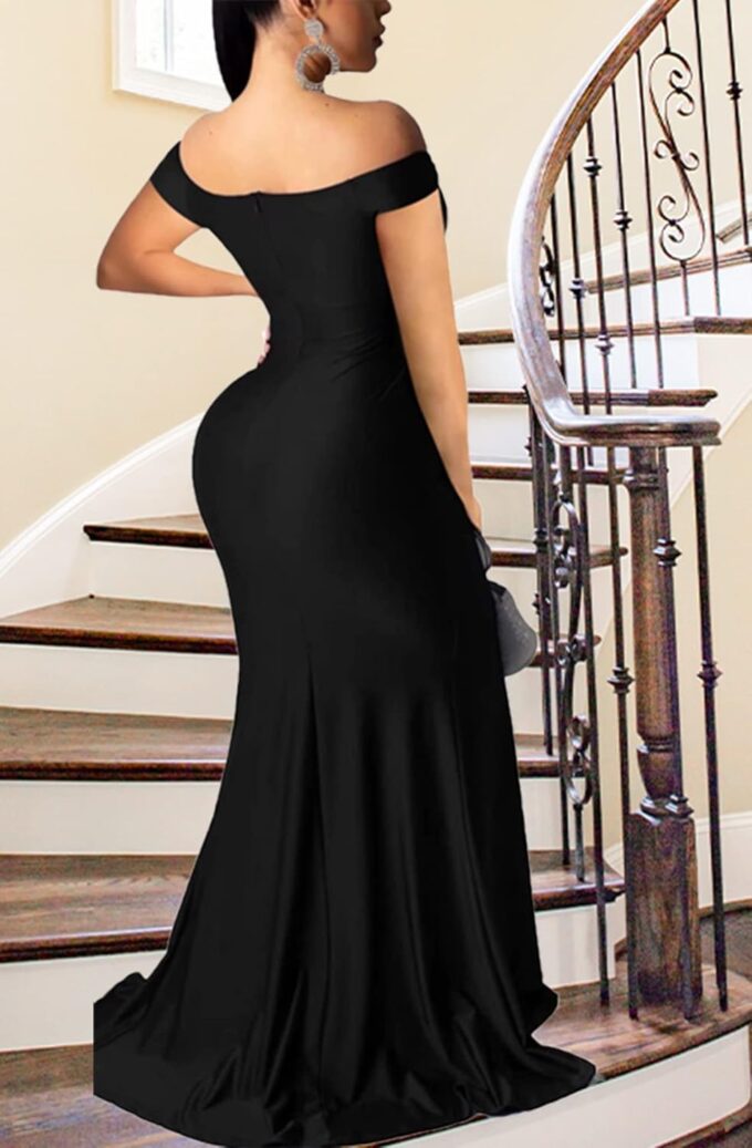 Women Sexy Off Shoulder Prom Evening Gowns Elegant V Neck Short Sleeve Wrap Formal High Split Wedding Guest Dress – Bild 4