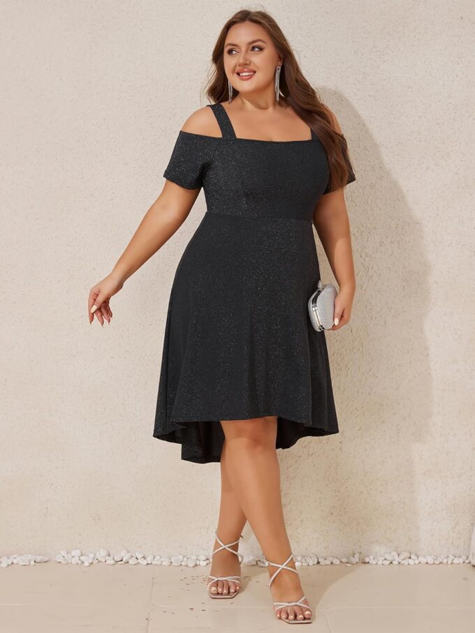 ZNU Women’s Plus Size Cocktail Dresses - 2025 Summer Elegant Glitter Cold Shoulder Evening Party Dress A-Line Midi Dress – Bild 4