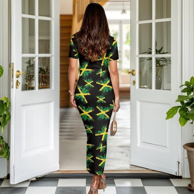 Hdjxbdhsv Kurzärmeliges Damenkleid mit Jamaika-Flagge, figurbetontes Midi-Kleid, lässig, Rundhalsausschnitt, langes Kleid, Übergröße – Bild 5