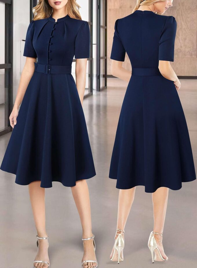 VFSHOW Damen-Kleid 2024, Business-, Arbeits-, Büro-, Taschen-, Gürtelknöpfe, elegante Passform und ausgestelltes A-Linien-Kleid – Bild 2