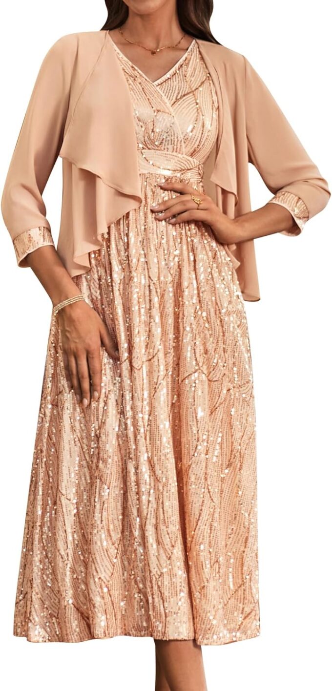 GRACE KARIN Damen Pailletten Abendkleid Ärmellos Cocktailkleid Zweiteilige mit Chiffon Cardigan Hochzeitkleid Festliche Glitzer Kleid