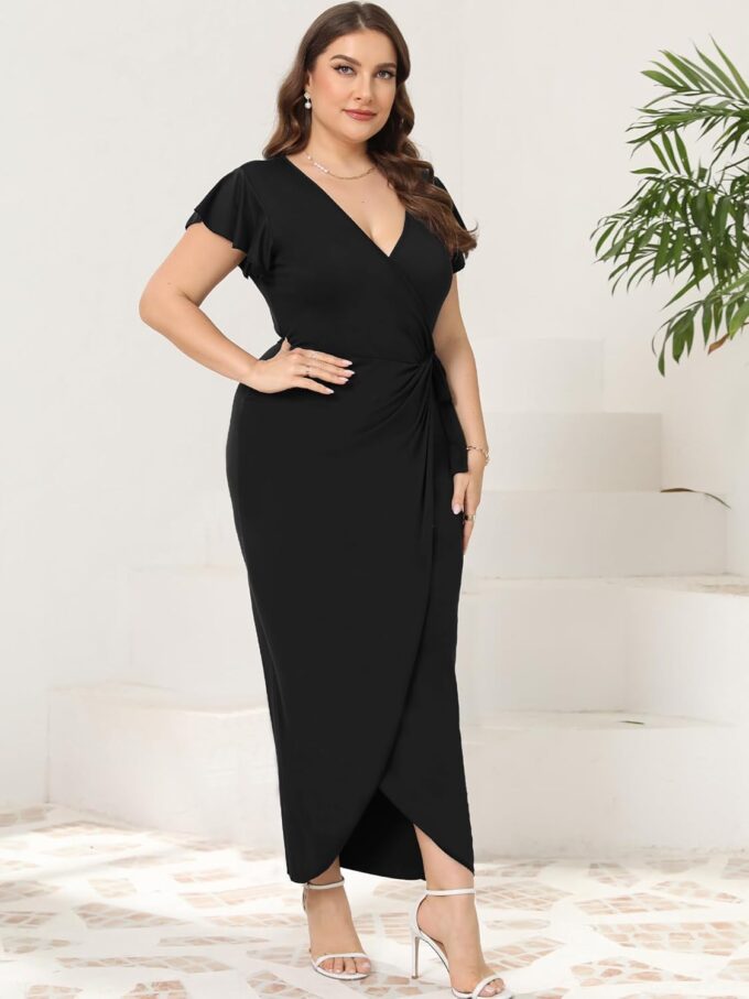 2025 Womens Deep Cross V Neck Ruffle Sleeve Tulip Hem Plus Size Work Cocktail Party Elegant Ruched Long Wrap Dress – Bild 2