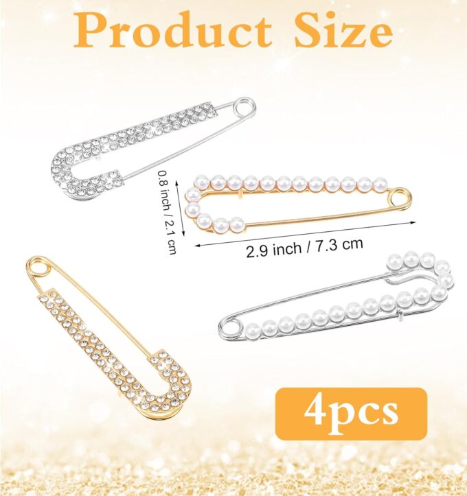 4 Stück Schleppennadel Brautkleid, Broschen für Kleidung mit Strasssteinen und Sicherheitsnadeln Elegant für Hochzeiten Partys oder Alltag in Gold Und Silber – Bild 2
