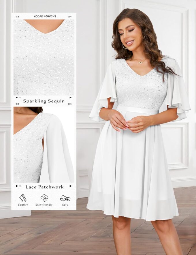 Dressystar Damen Elegant Cocktailkleid V-Ausschnitt Spitzenkleid mit Pailletten Knielang Abendkleider Hochzeit – Bild 6