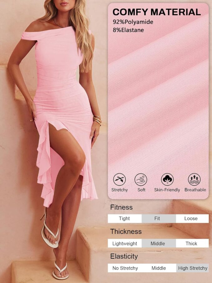 Women Sleeveless One Shoulder Bodycon Midi Dress Summer Side Slit Mesh Irregular Ruffle Cocktail Dress for Women – Bild 4