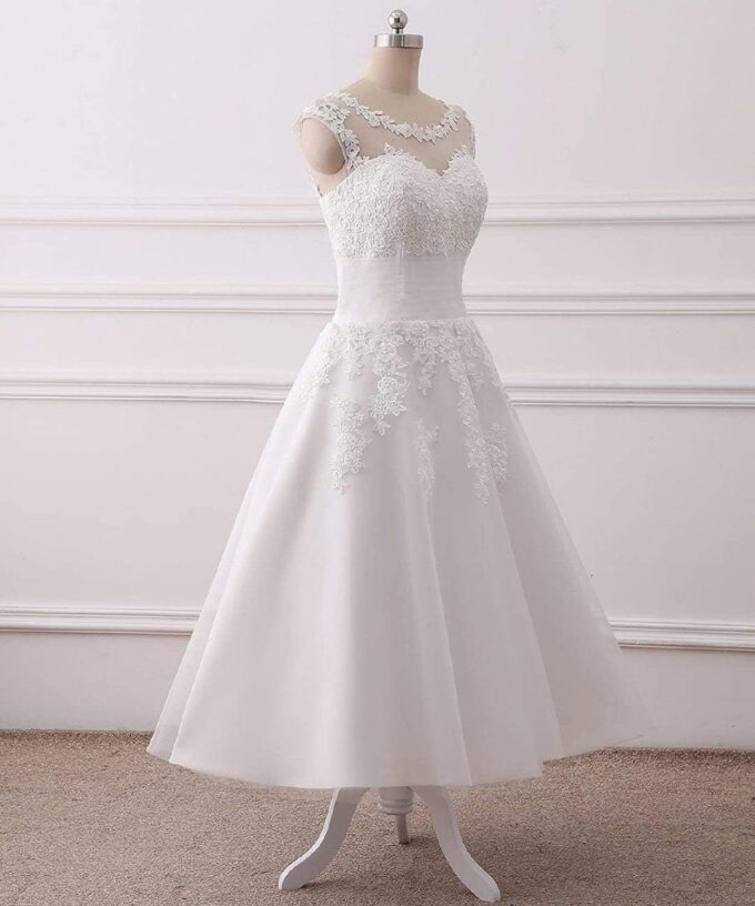 LNNLSS Elegante Kurz Vintage Brautkleid für Braut mit Spitze Ärmellos, Elfenbein, 56 – Bild 4
