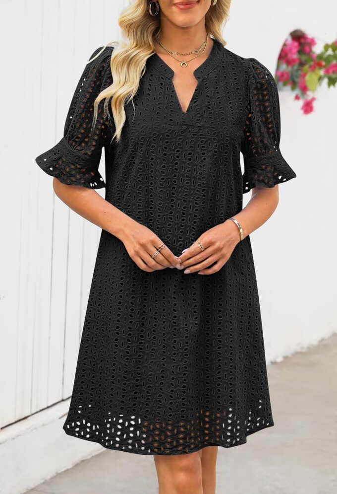 MEROKEETY Women's 2025 Summer Short Sleeve Mini Dress V Neck Ruffle Hollow Out Eyelet Lace Dresses – Bild 2