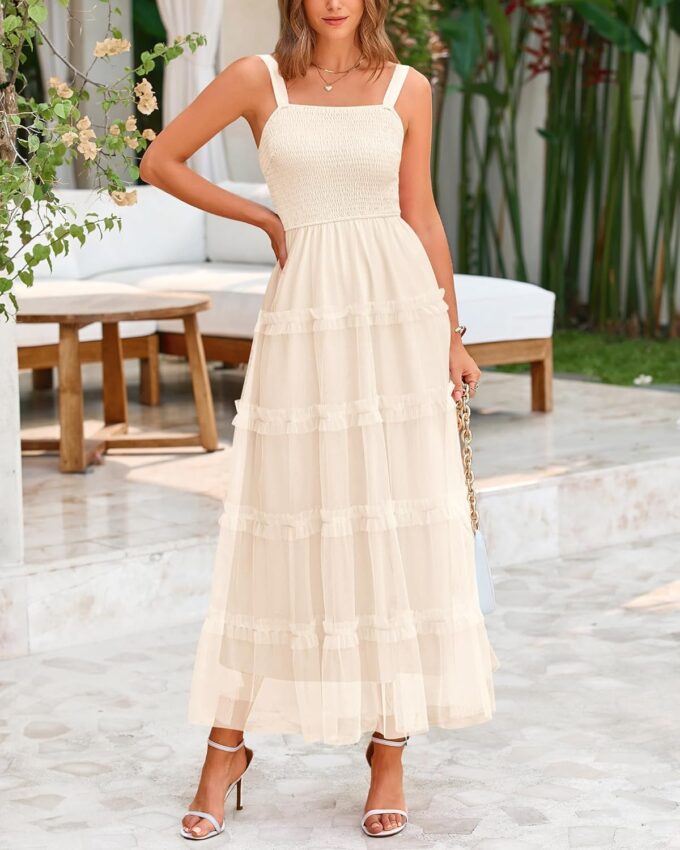PRETTYGARDEN Women's Summer Dresses 2025 Sleeveless Smocked Tiered Ruffle Tulle A-Line Flowy Wedding Party Maxi Dress – Bild 8