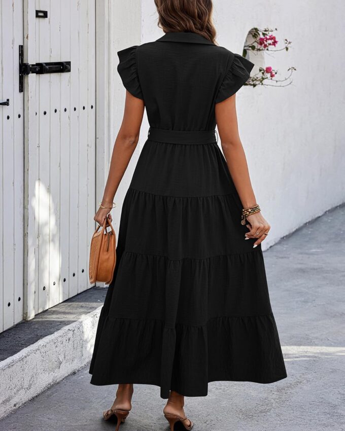 dowerme Women's Summer Casual Dresses 2025 Cap Ruffle Sleeve V Neck Button Belted Tiered Boho Maxi Dress with Pockets – Bild 5