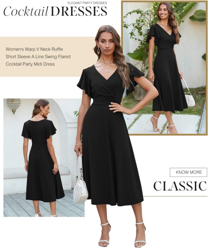 Dokotoo Women's V Neck Elegant Party Dress Short Sleeve Skater Dress Wedding Guest Dresses – Bild 3