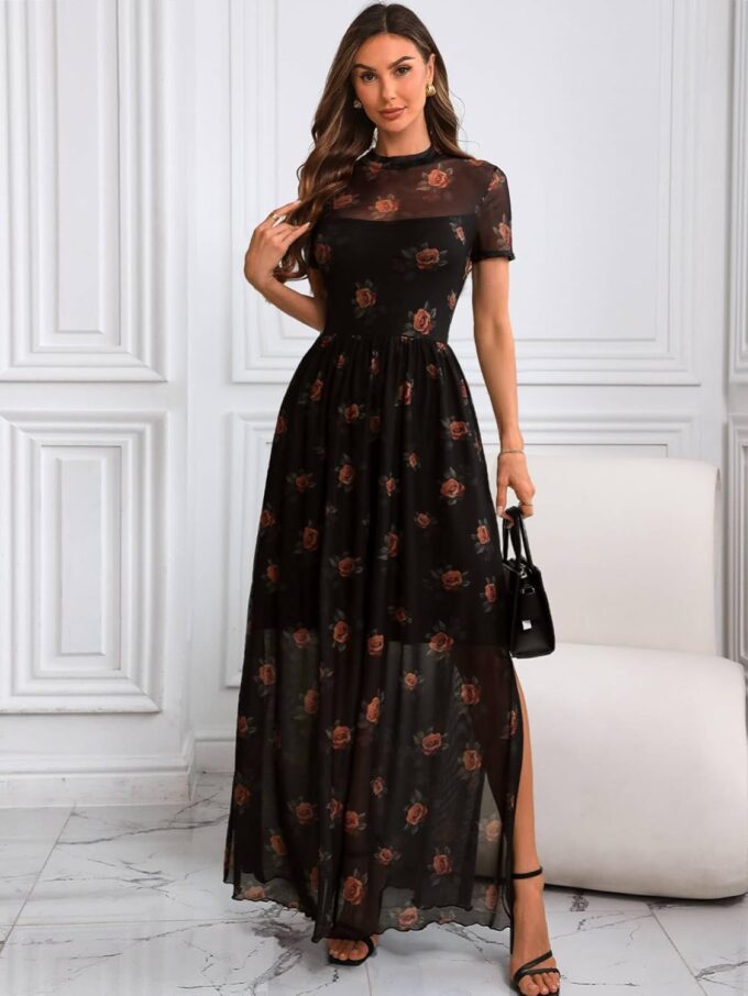 GothDark Women's Mesh Dress Short Sleeve Round Collar Floral Print Waist-Cinched Maxi Summer Casual Dress – Bild 4