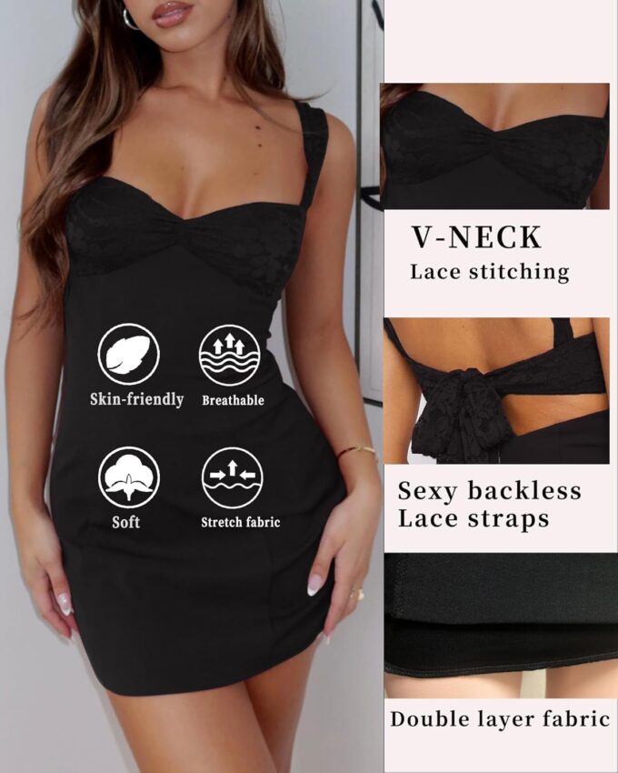 Women's Summer Mini Dresses Sleeveless Sexy V Neck Backless Lace Splicing Cocktail Party Straps Bodycon Dress – Bild 2