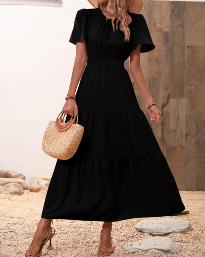 PRETTYGARDEN Women's Summer Casual Short Flutter Sleeve Round Neck Smocked Waist Tiered Boho Floral Flowy Maxi Dress – Bild 7