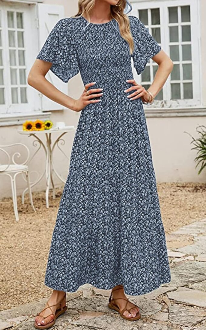 PRETTYGARDEN Women's 2025 Summer Casual Flutter Short Sleeve Boho Floral Maxi Dress Crew Neck Smocked Tiered Long Dresses – Bild 5