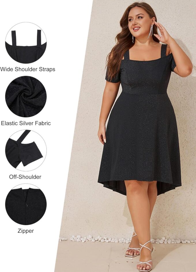 ZNU Women’s Plus Size Cocktail Dresses - 2025 Summer Elegant Glitter Cold Shoulder Evening Party Dress A-Line Midi Dress – Bild 8