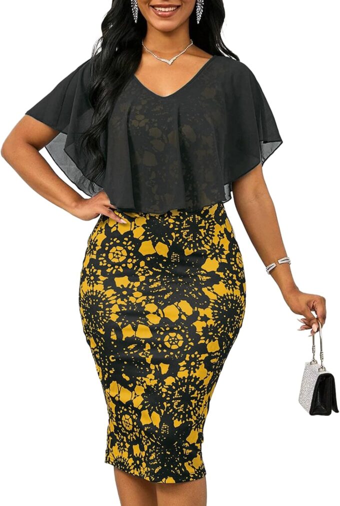 Yajedo Damen Midi Kleider Bodycon Boho Blumendruck Cocktailkleid Rüschen Elegant Bleistift Kurzarm Kleid