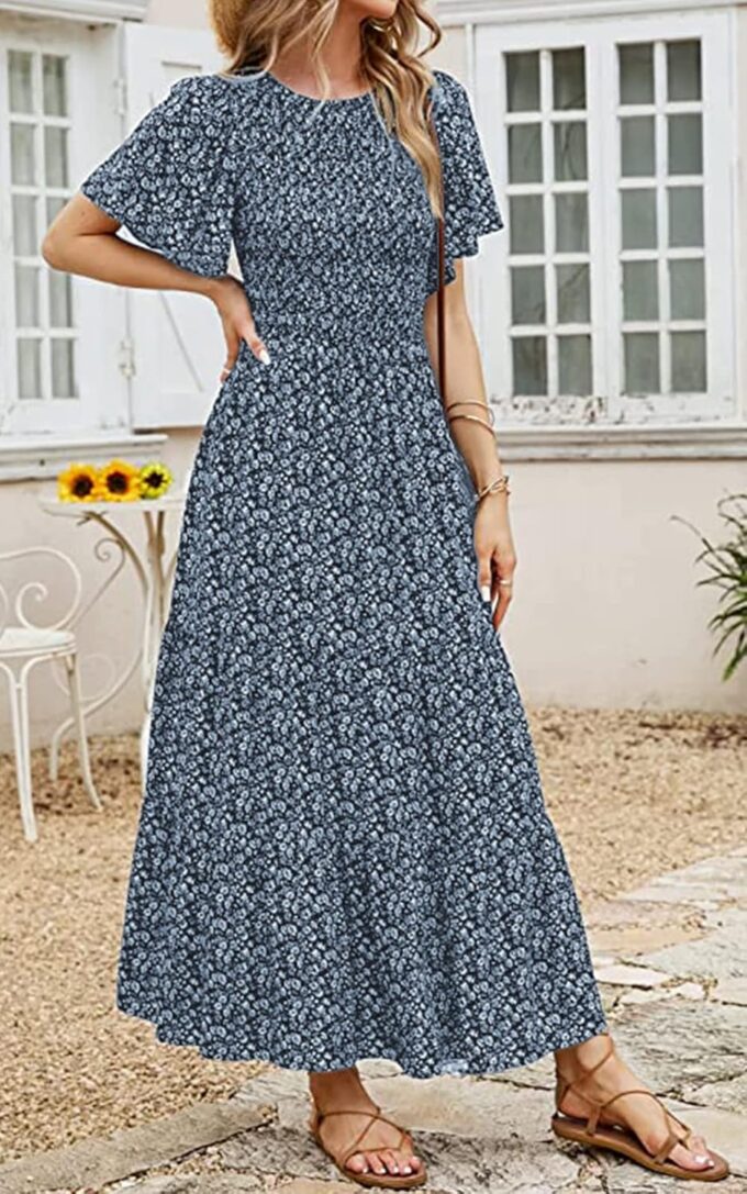PRETTYGARDEN Women's 2025 Summer Casual Flutter Short Sleeve Boho Floral Maxi Dress Crew Neck Smocked Tiered Long Dresses – Bild 6