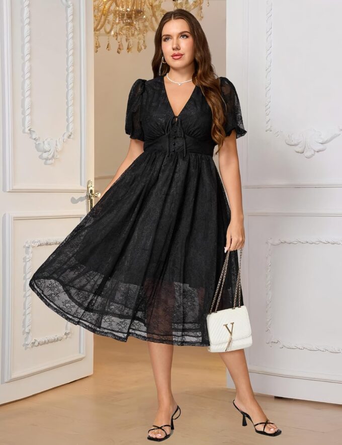 Plus Size Summer Dresses for Women 2025 V Neck Lace Midi Dress Semi Formal Short Sleeve Wedding Guest Cocktail Prom – Bild 5
