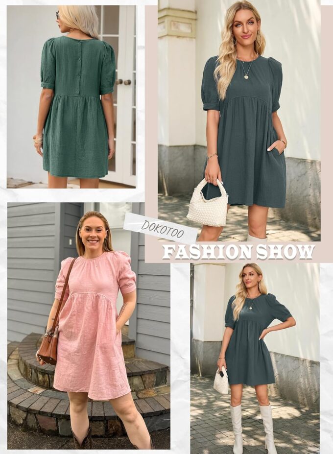 Dokotoo Womens 2025 Spring Summer Crewneck Puff Sleeve Babydoll Elegant Empire Waist Mini Swing Skater Dresses with Pockets – Bild 5