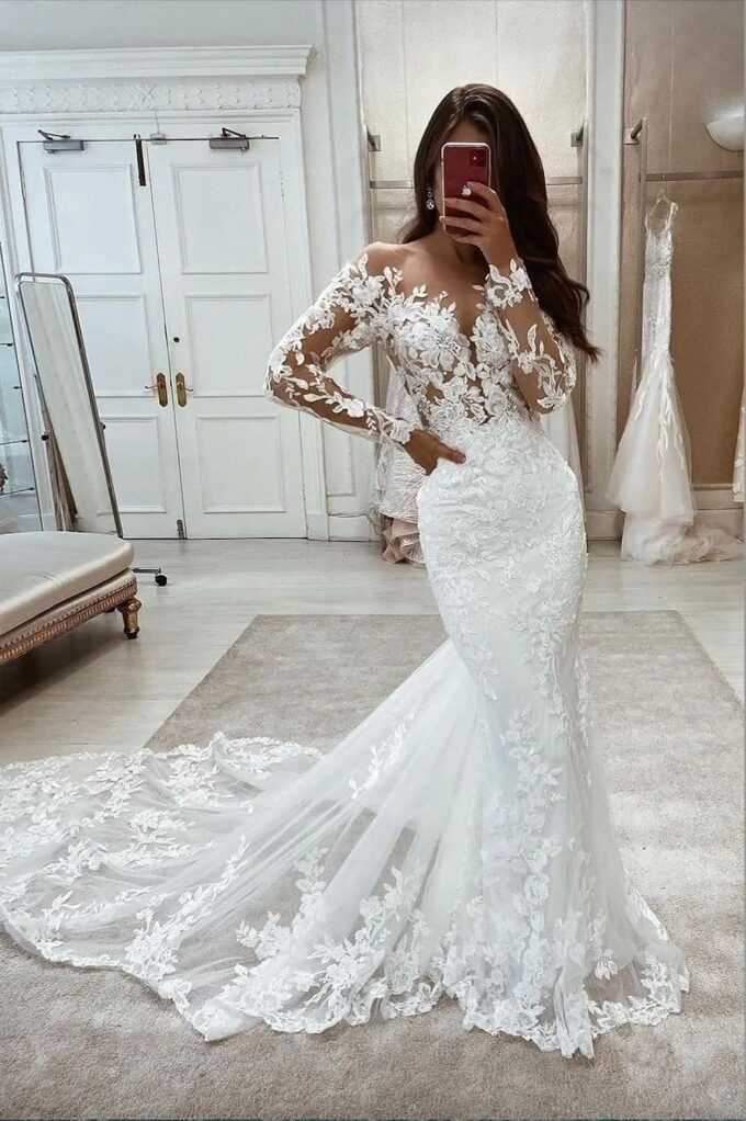 Langarm Meerjungfrau Brautkleid Standesamt Hochzeitskleider Tüll Brautkleider mit Schleppe, SEVENYXX, White, 36 – Bild 2
