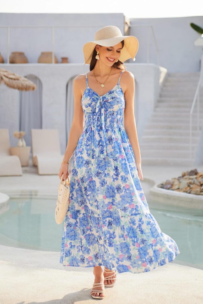 GRACE KARIN Women's 2025 Summer Maxi Dress Floral Tie Front Spaghetti Strap Casual Boho Beach Flowy Sundress with Pockets – Bild 4