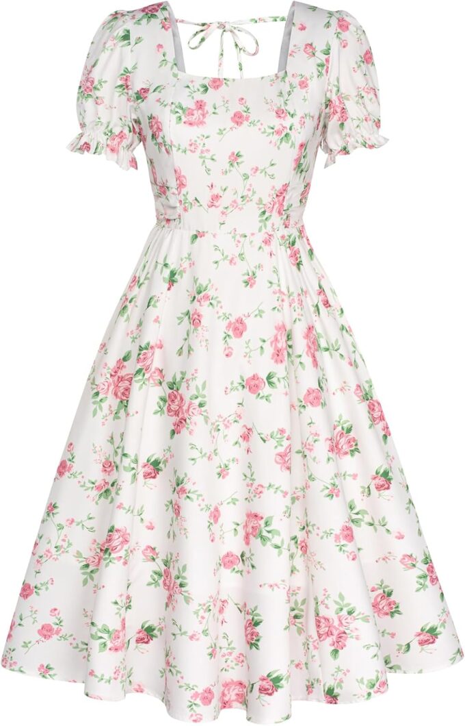 Belle Poque Vintage Dress for Women 1950s Cottagecore Cocktail Dresses Square Neck Puff Sleeve Dress with Pockets