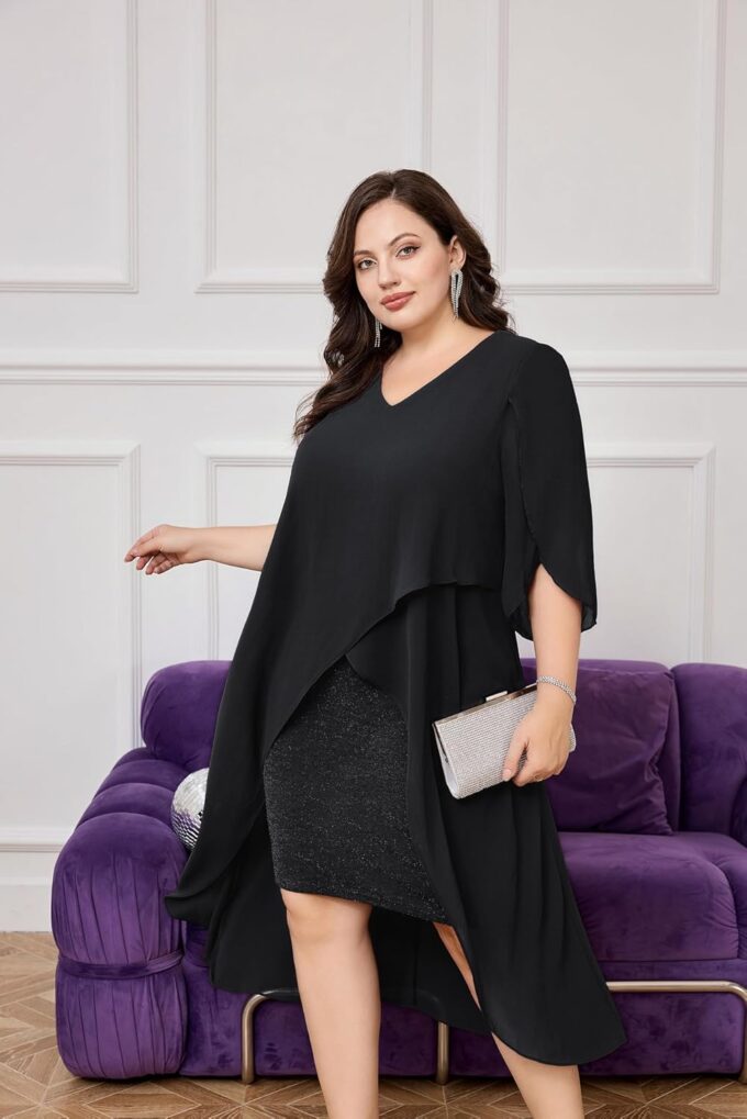 Hanna Nikole Womens Plus Size Chiffon Cocktail Dress Ruffle 3/4 Sleeve Wedding Guest Party Dresses with High Low Hem – Bild 3