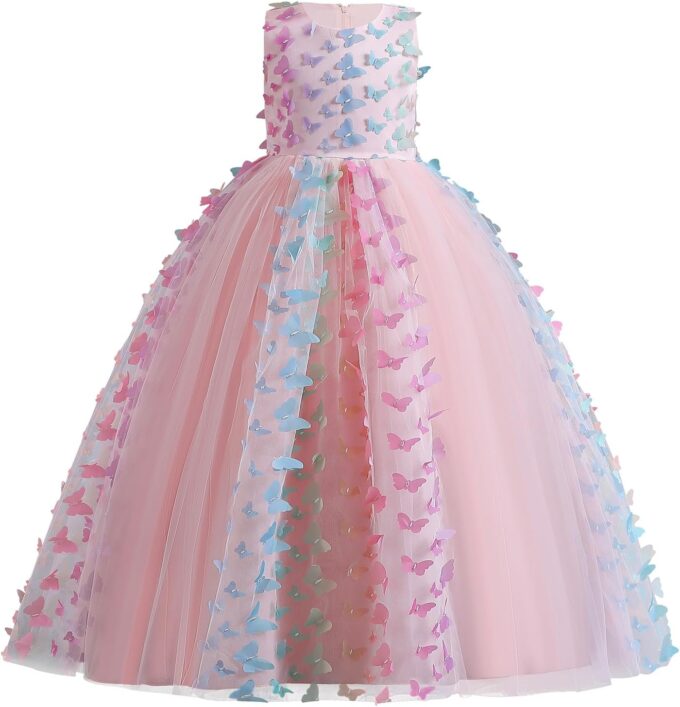 IBTOM CASTLE Blumenmädchenkleider Mädchen Ärmellos Regenbogen-Netz Prinzessin KleiderTüll Festzug Abschlussball Kinder 3D Schmetterling Ballkleid Hochzeit Brautkleid Abendkleid