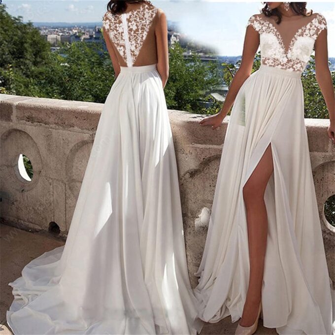 Prinzessin Trauung Kleid Damen Brautkleider A-Linie Lang Spitzen Hochzeitskleider mit Ärmel Standesamtliche Brautkleid Damen Lang Schlichte Brautmode Tüll V-Ausschnitt – Bild 2
