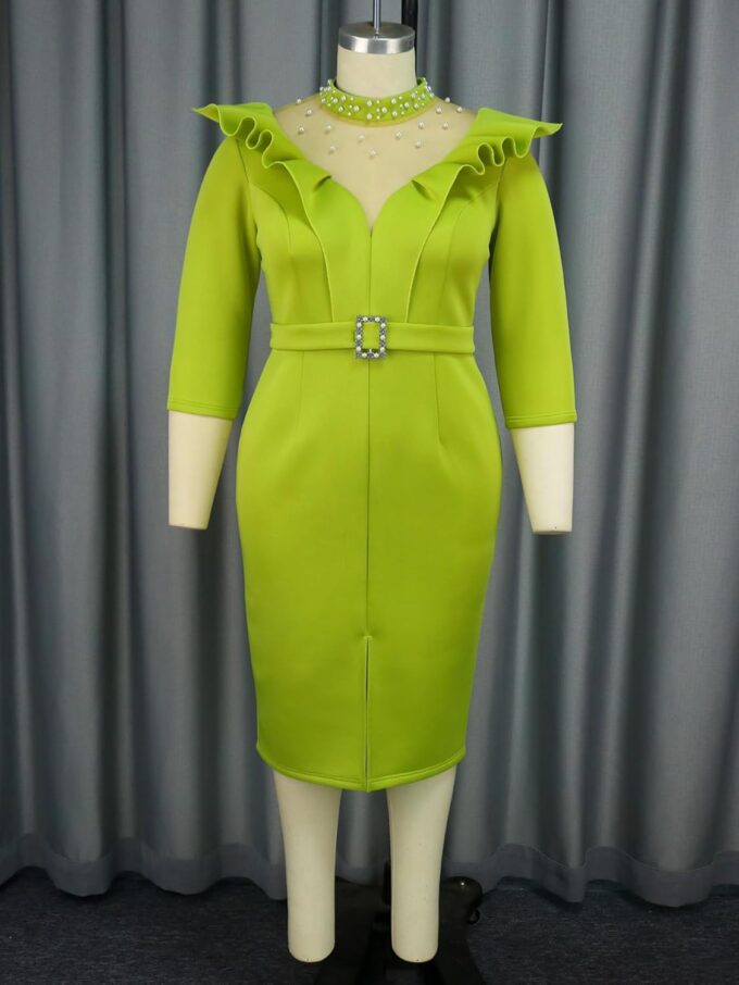ONTINVA Kleider für Damen, 2024, hoher Halsausschnitt, 3/4-Ärmel, figurbetont, mit Perlen, Midi-Kleid, Kirchenkleid mit Gürtel – Bild 4