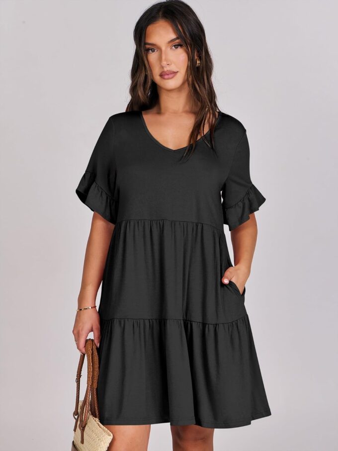 ANRABESS Dresses for Women Summer 2025 V Neck Ruffle Sleeve A Line Tiered Flowy Casual Trendy Mini Beach Dress with Pockets – Bild 4