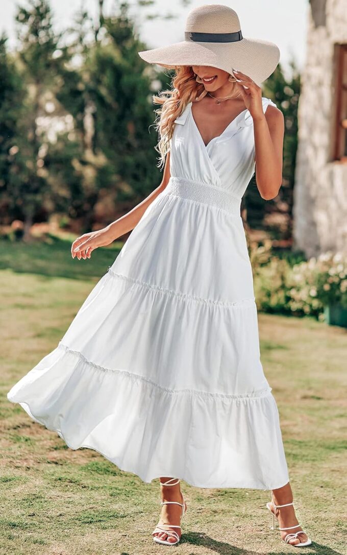 PRETTYGARDEN Women's Cross Neck Summer Sleeveless Tiered Maxi Dress Beach Tie Strap Smocked Long Dresses Pleated Sundress – Bild 2