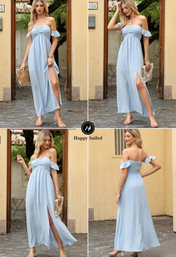 Happy Sailed Women's 2025 Summer Smocked Off The Shoulder Maxi Dresses Ruffle Short Sleeve A Line Side Slit Sundress – Bild 5
