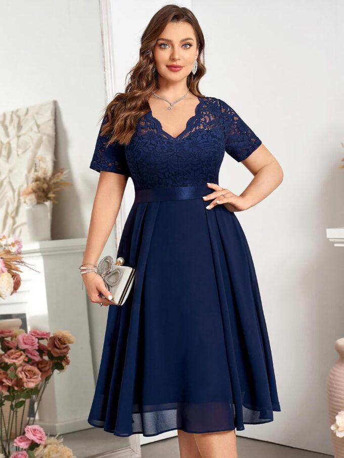 MISSMAY Women's Plus Size Lace Contrast Chiffon V Neck Flowy Cocktail Wedding Guest Midi Dress – Bild 4