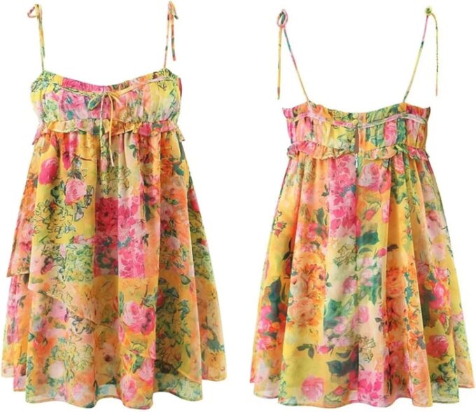 Floral Boho Mini Dress Flowy Chiffon Spaghetti Strap Corset Dress Y2k Floral Summer Dresses for Women 2024 – Bild 2