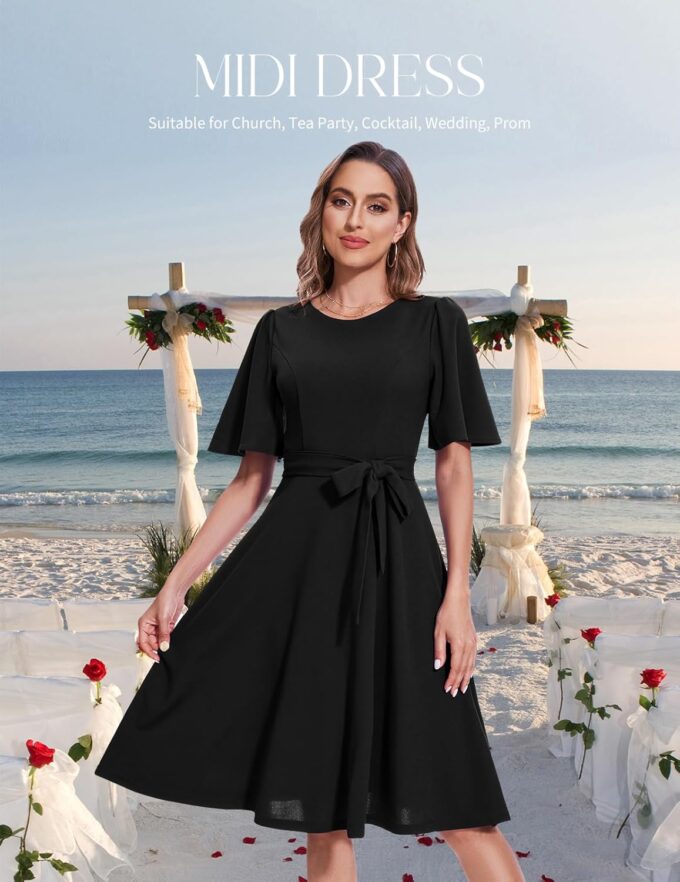 Bbonlinedress Women Midi Cocktail Vintage Dress Formal Wedding Guest Fit & Flare Church Work Prom 2025 Dress with Sleeves – Bild 3