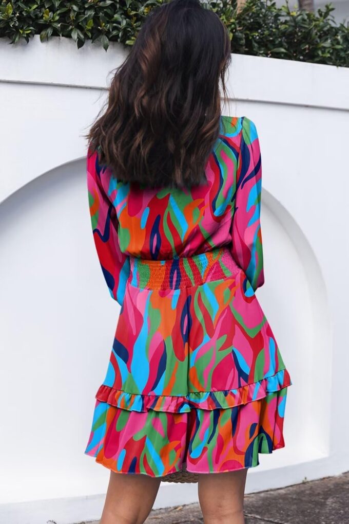 Dokotoo Womens Casual Spring Summer 2025 Deep V Neck Knotted Tiered Chiffon Elegant Mini Short Swing Skater Dresses – Bild 5